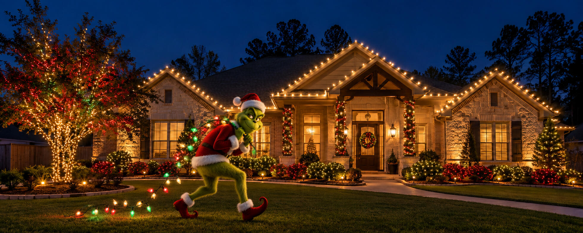 The Grinch sneaking across a lawn in front of a home decorated with Christmas lights